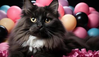 AI generated Cute kitten sitting, looking at camera, playful with balloon generated by AI photo
