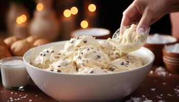 AI generated Homemade cookie dough on wooden table, sweet baking preparation generated by AI photo