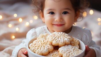 AI generated Smiling child holds homemade cookie, spreading joy and happiness generated by AI photo