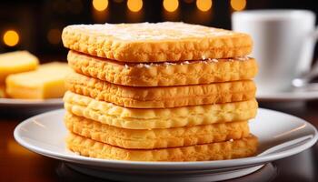 ai generado un apilar de hecho en casa galletas, un dulce indulgencia en un plato generado por ai foto