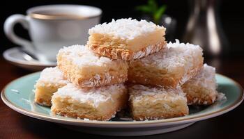 AI generated Homemade dessert sweet coconut cookie on wooden plate generated by AI photo