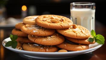 AI generated Freshly baked homemade chocolate chip cookies on a wooden table generated by AI photo