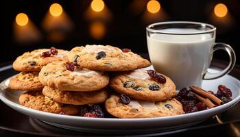 ai generado hecho en casa chocolate chip galletas apilado en rústico de madera mesa generado por ai foto