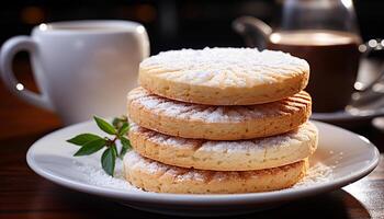 AI generated Freshly baked homemade cookies stacked on a wooden plate generated by AI photo
