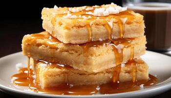 ai generado recién horneado gofre con caramelo jarabe, azotado crema, y Fruta generado por ai foto