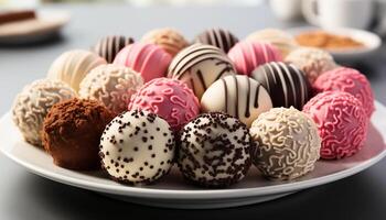 AI generated A plate of gourmet chocolate truffles, a sweet indulgence generated by AI photo