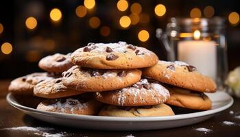 ai generado hecho en casa chocolate chip galletas, un dulce indulgencia en un rústico mesa generado por ai foto