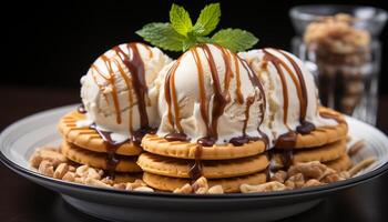 AI generated Freshly baked homemade chocolate pancakes with whipped cream and syrup generated by AI photo