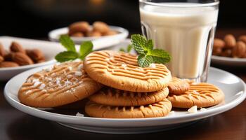 AI generated A plate of homemade chocolate chip cookies, a sweet indulgence generated by AI photo