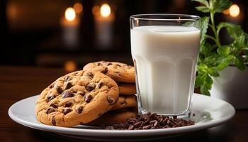 ai generado un plato de hecho en casa chocolate chip galletas y un vaso de Leche en un de madera mesa generado por ai foto