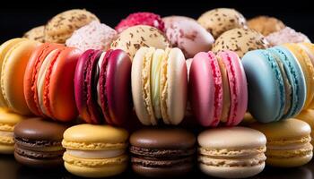 AI generated A close up of a gourmet macaroon collection on a dark background generated by AI photo