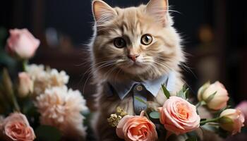 AI generated Cute kitten sitting, looking at camera, surrounded by flowers generated by AI photo