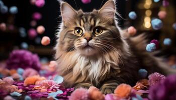 AI generated Cute kitten sitting, looking at camera, surrounded by decorations generated by AI photo