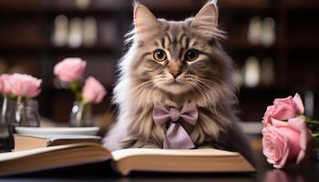 AI generated Cute kitten sitting on table, reading book in library generated by AI photo