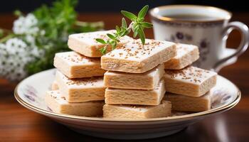 ai generado frescura y dulzura en un de madera mesa hecho en casa postre generado por ai foto