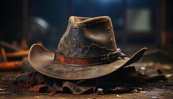 AI generated Old fashioned cowboy hat on a leather wearing cowboy riding horse generated by AI photo