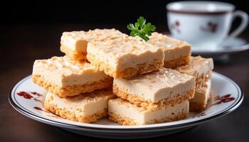 AI generated Freshly baked homemade cookies on a wooden plate, a sweet indulgence generated by AI photo