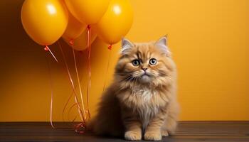 AI generated Cute kitten playing with colorful balloon, celebrating birthday with love generated by AI photo