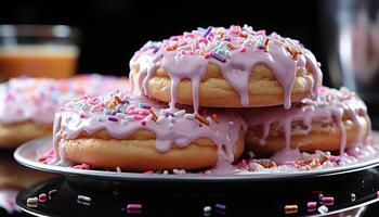 AI generated Freshly baked donut with chocolate icing and colorful sprinkles generated by AI photo