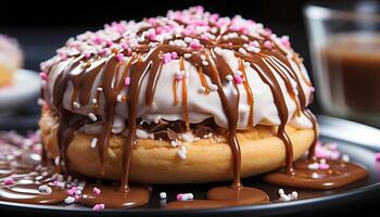 AI generated Homemade chocolate donut with strawberry icing, a sweet temptation generated by AI photo