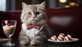 ai generado linda gatito sentado en mesa, mirando a comida cuenco generado por ai foto