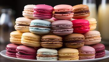 AI generated A stack of colorful macaroons, a sweet French indulgence generated by AI photo