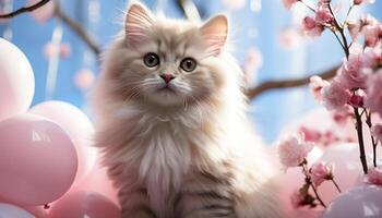 AI generated Cute kitten sitting on branch, fluffy fur, playful nature generated by AI photo