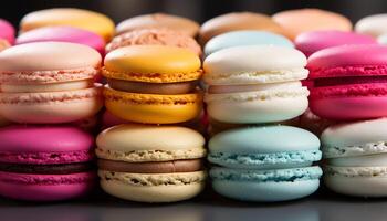 AI generated A cute arrangement of colorful macaroons on a pink plate generated by AI photo