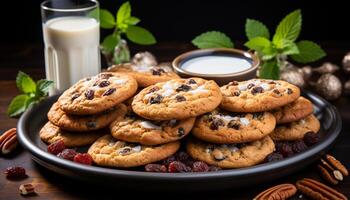 ai generado hecho en casa chocolate chip galletas en rústico de madera mesa generado por ai foto