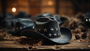 AI generated Rustic cowboy hat, old fashioned elegance, wood table, dark background generated by AI photo