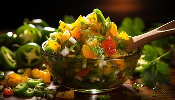 AI generated Fresh, healthy salad bowl with organic vegetables and fruits generated by AI photo