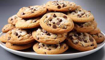 AI generated Gourmet homemade chocolate chip cookies, a tempting indulgence on a plate generated by AI photo