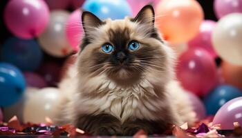 AI generated Cute kitten sitting, looking at camera, surrounded by colorful balloons generated by AI photo