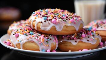 AI generated Homemade donut with colorful icing, a sweet celebration treat generated by AI photo