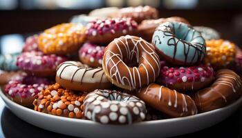 AI generated Large group of homemade donuts, a sweet temptation on wood table generated by AI photo