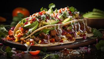 AI generated Grilled beef taco with fresh guacamole on rustic flatbread generated by AI photo