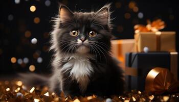 AI generated Cute kitten sitting, looking at camera, surrounded by Christmas lights generated by AI photo