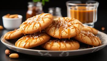 AI generated A tempting plate of homemade gourmet chocolate chip cookies generated by AI photo