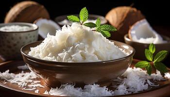 ai generado frescura en un cuenco yogur, menta hoja, sano comiendo, gastrónomo generado por ai foto