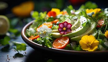 AI generated Fresh vegetable salad, healthy and organic, on wooden table generated by AI photo