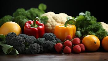 AI generated Freshness of food vegetable, healthy eating, broccoli, fruit, organic, tomato, dieting, cauliflower, vegetarian food generated by AI photo