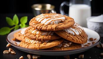 AI generated Freshness and indulgence on a plate of homemade gourmet cookies generated by AI photo