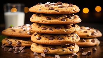 ai generado un apilar de hecho en casa chocolate chip galletas en un rústico mesa generado por ai foto