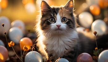 ai generado linda gatito jugando al aire libre, curioso a cámara, rodeado por naturaleza generado por ai foto