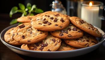 ai generado hecho en casa chocolate chip galletas en rústico de madera mesa, indulgente tentación generado por ai foto