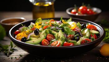 ai generado sano comiendo fresco, orgánico ensalada con tomate, aceituna, y vegetal generado por ai foto