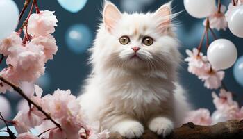 AI generated Cute kitten sitting on branch, looking at camera, surrounded by flowers generated by AI photo