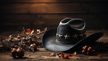 ai generado rústico otoño mesa, vaquero sombrero, calabaza naturaleza elegancia generado por ai foto