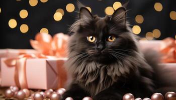 ai generado linda gatito sesión, mirando a cámara, rodeado por Navidad luces generado por ai foto