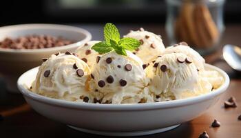 AI generated Indulgent homemade ice cream sundae on wooden table, refreshing and sweet generated by AI photo